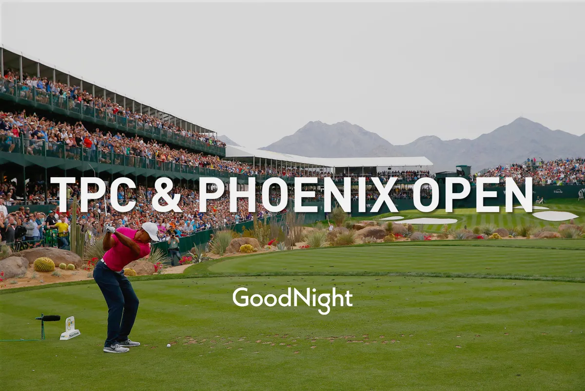 A professional golfer takes a swing on a lush golf course, with a lively crowd gathered and a backdrop of scenic mountains. The green stretches into the distance, emphasizing both the sport and the unique Arizona landscape.